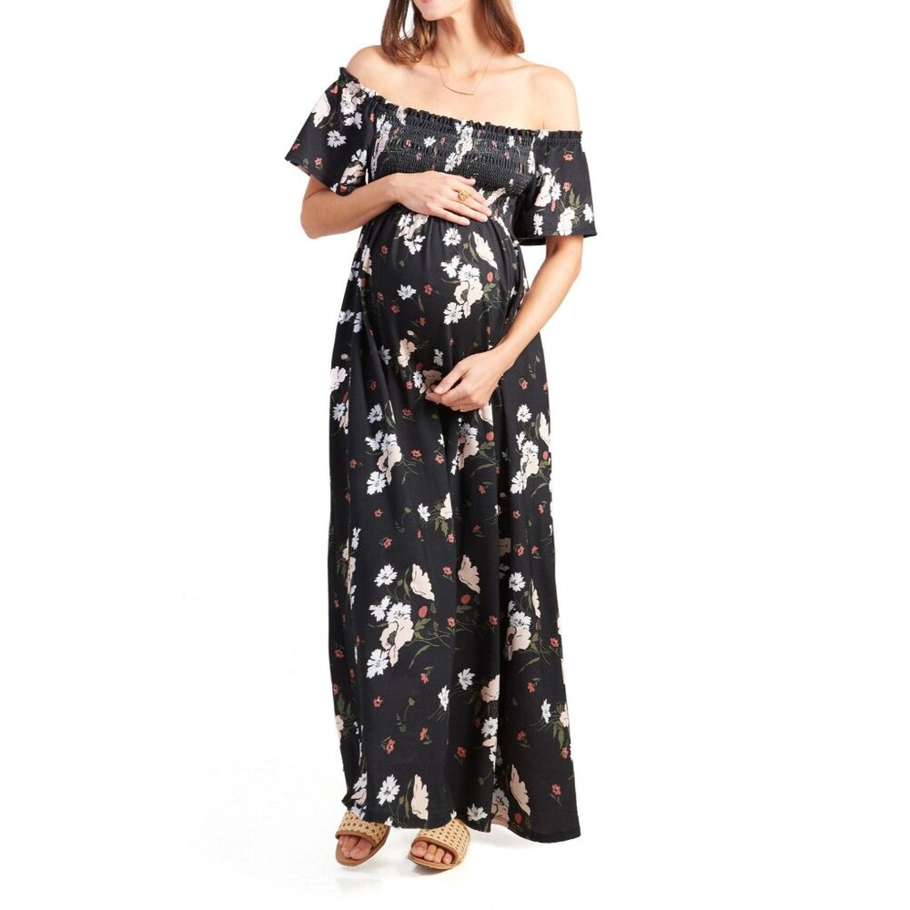 New Ingrid + Isabel Off the Shoulder Smocked Maxi Dress Black Floral Size XS